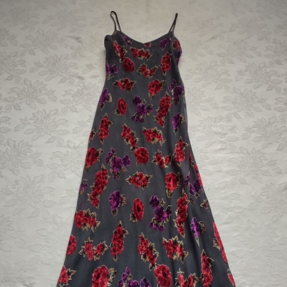 Y2K vintage v-neck vintage slip dress floral velvet burnout gown maxi - Picture 10 of 10